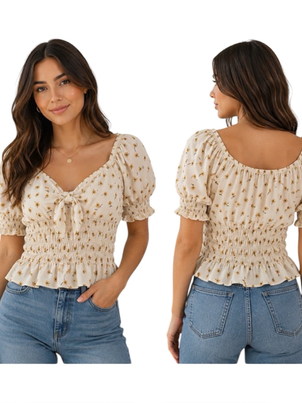 Sienna Sky Puff Sleeve Floral Sunflower Smocked Blouse Small Y2K Babydoll